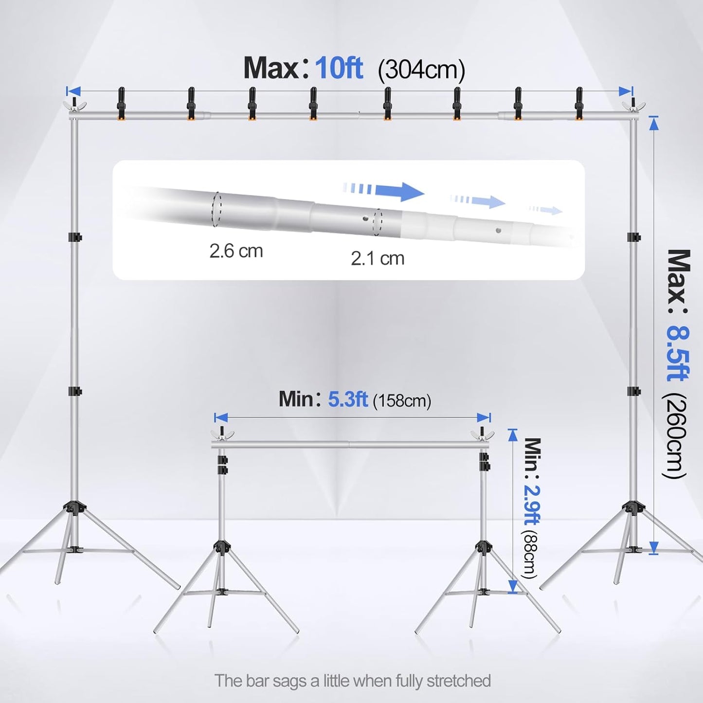 EMART Backdrop Stand 10x7ft(WxH) Photo Studio Adjustable Background Stand Support kit with 2 Crossbars, 8 Clamps, 2 Sandbags and Carry Bag for Parties, Events Decoration, Wedding, Photography -White