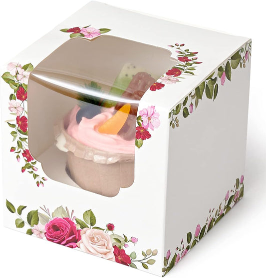 Happyhiram Cupcake Boxes 100 Pcs Bulk Brown Kraft IndividualBox, Single Containers Paper Holders with Inserts and Window for Muffins Cocoa Bombs Packaging Togo Boxes for Birthdays Showers Party Favor