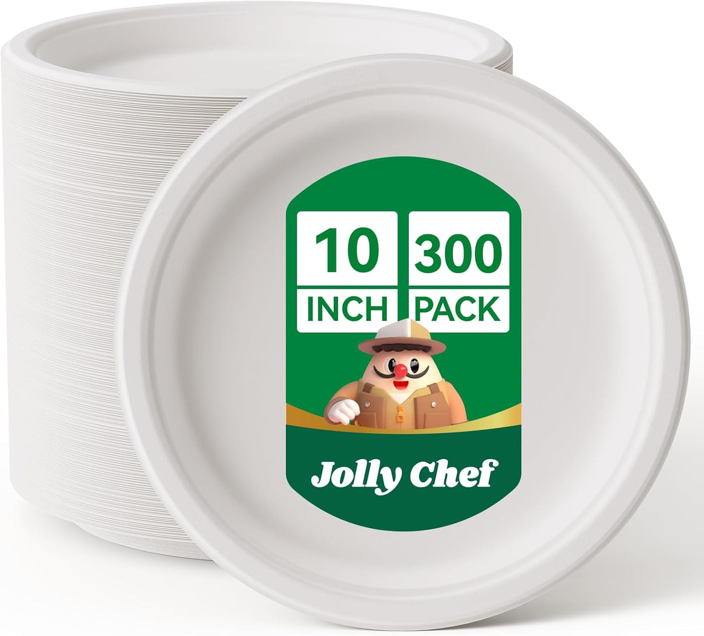 JOLLY CHEF Compostable Heavy Duty Plates 𝟭𝟬 𝗜𝗻𝗰𝗵 [𝟯𝟬𝟬 𝗣𝗮𝗰𝗸] Eco-Friendly Disposable Paper Plates Made of Bagasse Biodegradable Bulk for Party Dinner Sugarcane Thanksgiving Day (Natural)