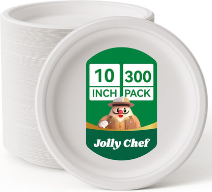 JOLLY CHEF Compostable Heavy Duty Plates 𝟭𝟬 𝗜𝗻𝗰𝗵 [𝟯𝟬𝟬 𝗣𝗮𝗰𝗸] Eco-Friendly Disposable Paper Plates Made of Bagasse Biodegradable Bulk for Party Dinner Sugarcane Thanksgiving Day (Natural)