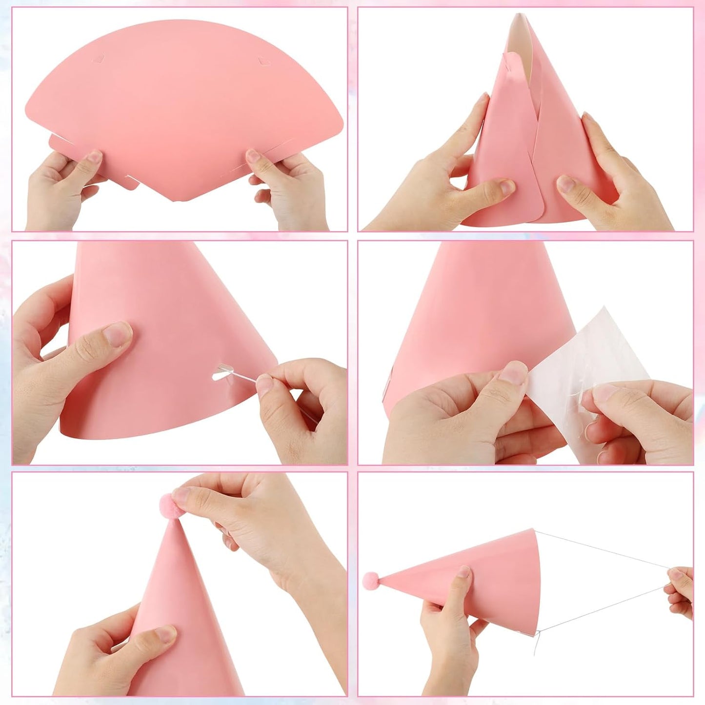 Hooqict 10 PCS Pastel Party Hats for Kids and Adults Birthday Party Cone Hats with Pom Poms Headwear for Boys Girls Stuffed Animals Pastel Rainbow Birthday Party Decorations
