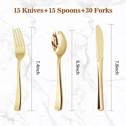 BESTVIP 60PCS Gold Plastic Silverware, Disposable Utensils, Heavy Duty Cutlery Set of 30 Forks, 15 Spoons, 15 Knives for Party, Christmas, Wedding, Catering and Daily Use