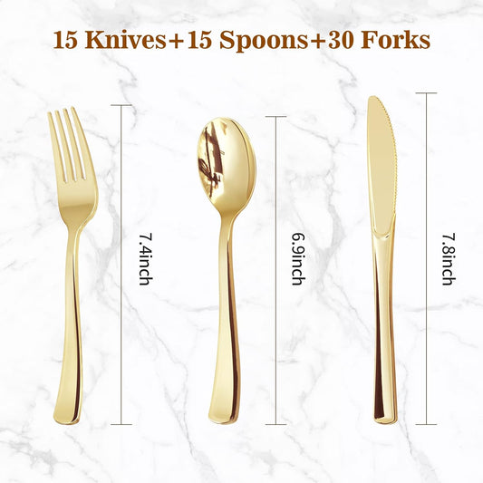 BESTVIP 60PCS Gold Plastic Silverware, Disposable Utensils, Heavy Duty Cutlery Set of 30 Forks, 15 Spoons, 15 Knives for Party, Christmas, Wedding, Catering and Daily Use