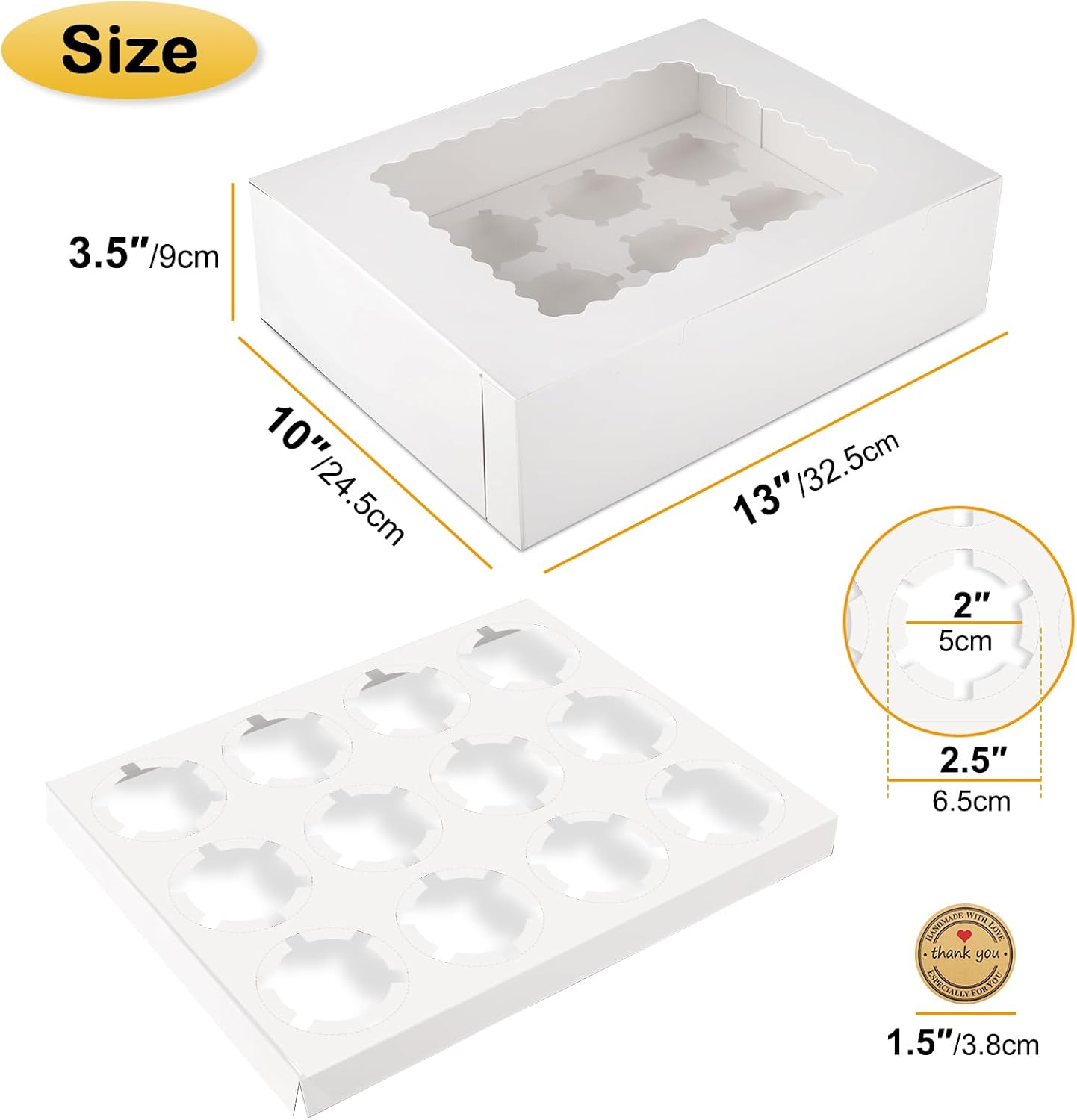 12-Count White Cupcake Boxes with Window and Insert, 13x10x3.5 Inch, Set of 10, Suitable for Cupcakes, Muffins, and Cookies