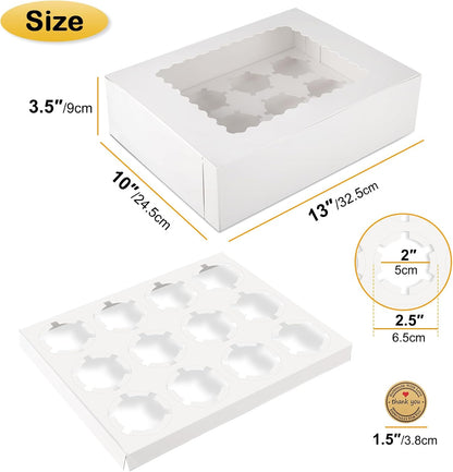 12-Count White Cupcake Boxes with Window and Insert, 13x10x3.5 Inch, Set of 10, Suitable for Cupcakes, Muffins, and Cookies