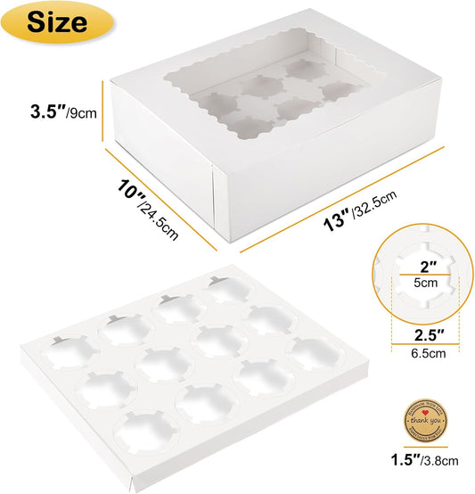 12-Count White Cupcake Boxes with Window and Insert, 13x10x3.5 Inch, Set of 10, Suitable for Cupcakes, Muffins, and Cookies