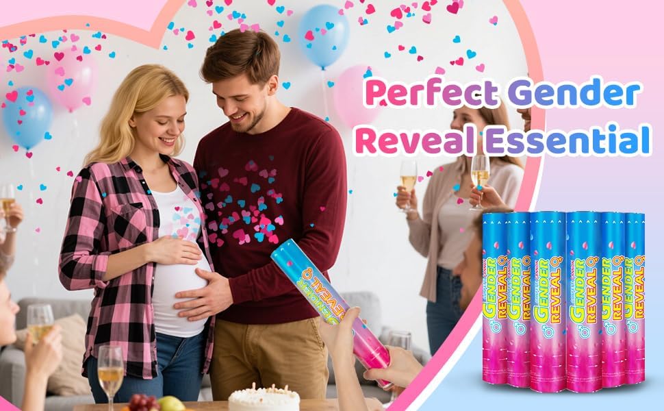 Gender Reveal Confetti Cannons – 6 Pack (3 Blue & 3 Pink) – Baby Gender Reveal Cannon Kit with Heart-Shaped Confetti – Easy Twist Party Poppers for Boy or Girl Baby Reveal Decorations
