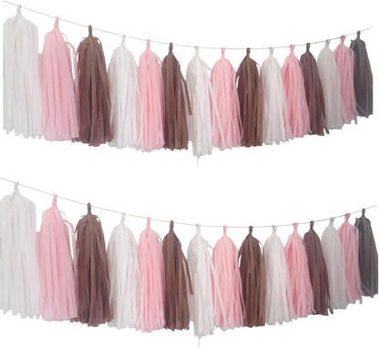 15 Pack Tissue Paper Tassel Garland Banner, Party Decoration in Pink, Brown and White Colors,DIY Kit