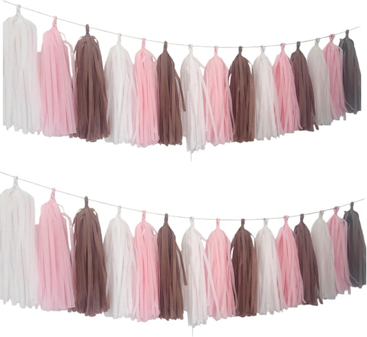 15 Pack Tissue Paper Tassel Garland Banner, Party Decoration in Pink, Brown and White Colors,DIY Kit