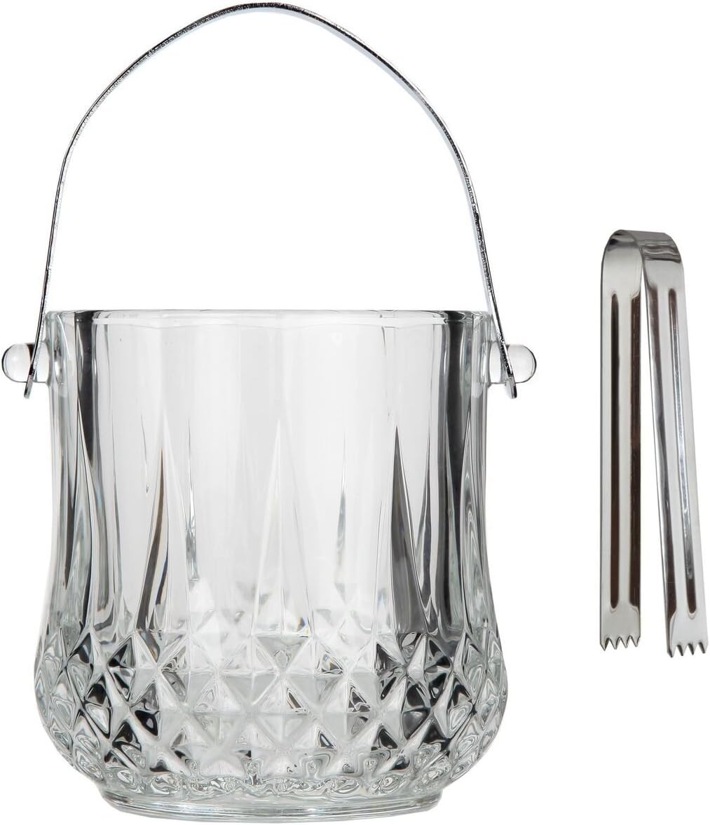 Lily's Home 1000ml -4.62" L x 4.62" W x 8.5" H - Glass Ice Bucket with Handle and Stainless Steel Tongs, Sparkling Ice Buckets, for Party,Wine Home Bar, Beer, Champagne, Cocktail Bar, Mini & Portable