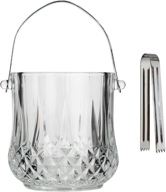 Lily's Home 1000ml -4.62" L x 4.62" W x 8.5" H - Glass Ice Bucket with Handle and Stainless Steel Tongs, Sparkling Ice Buckets, for Party,Wine Home Bar, Beer, Champagne, Cocktail Bar, Mini & Portable