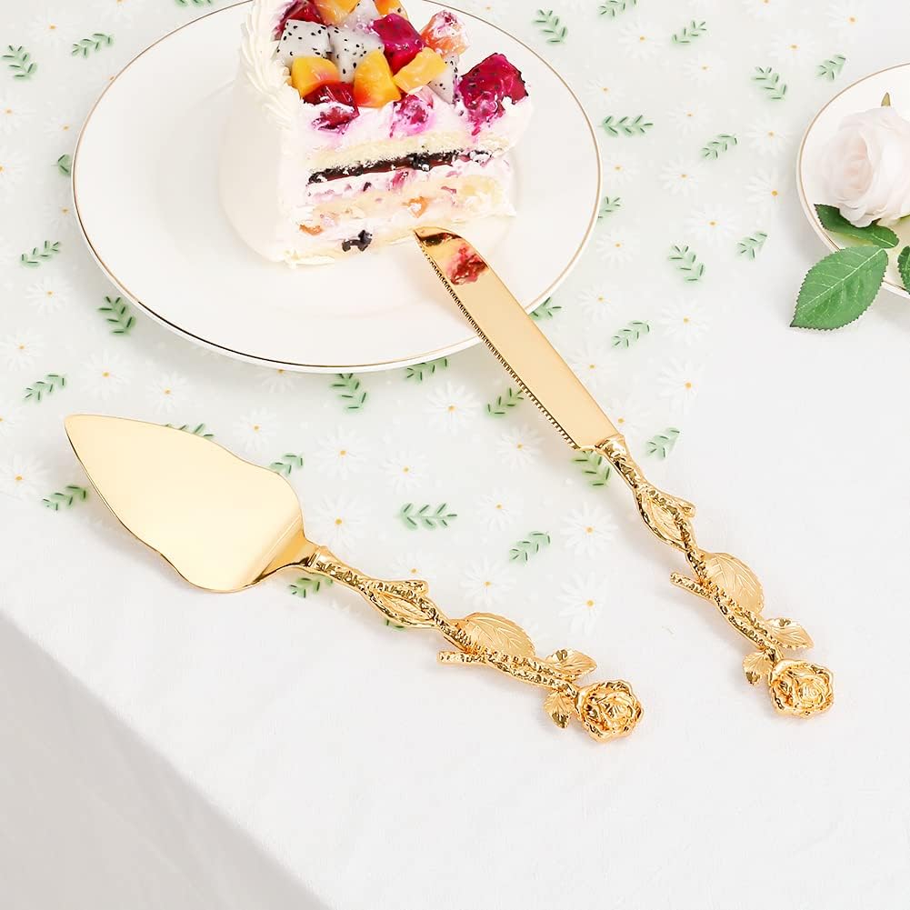 Cake Cutting Set for Wedding, Personalized Gold Cake Knife and Server Set, Custom Cake Serving Set, Engraved Pastry Pie Server Cake Pizza Cutter, Birthday Bridal Gift (F-Classic)