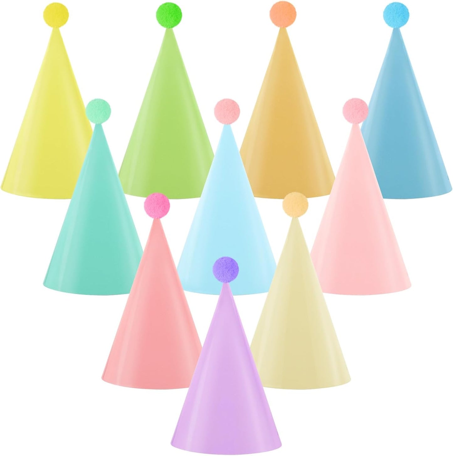 Hooqict 10 PCS Pastel Party Hats for Kids and Adults Birthday Party Cone Hats with Pom Poms Headwear for Boys Girls Stuffed Animals Pastel Rainbow Birthday Party Decorations