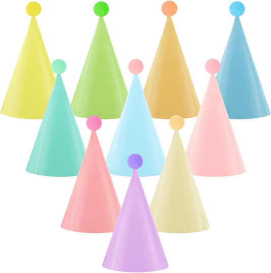 Hooqict 10 PCS Pastel Party Hats for Kids and Adults Birthday Party Cone Hats with Pom Poms Headwear for Boys Girls Stuffed Animals Pastel Rainbow Birthday Party Decorations