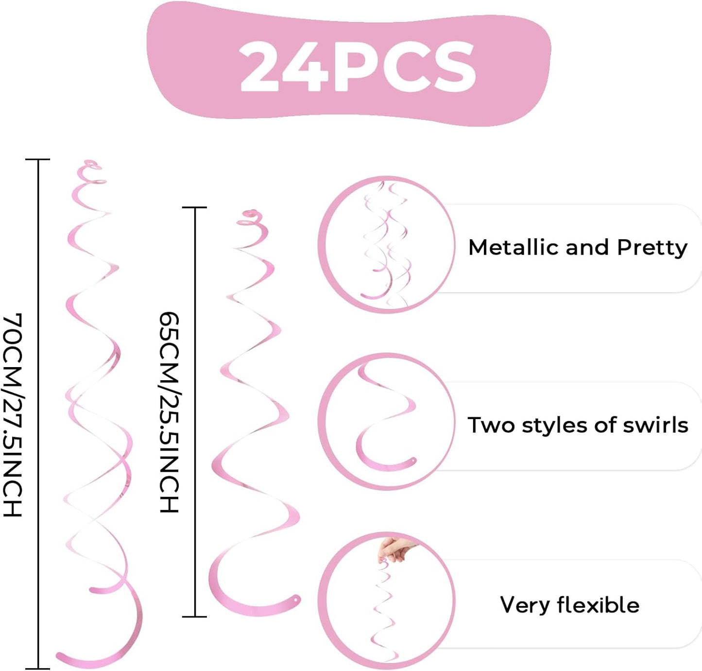 24 PCS Pink Hanging Swirl, Sparkle Ceiling Hanging Decorations, Plastic Streamer Party Decorations with Double-Swirls and Single-Swirls for Birthday Decorations, Easter, Graduation, Baby Shower