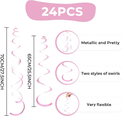 24 PCS Pink Hanging Swirl, Sparkle Ceiling Hanging Decorations, Plastic Streamer Party Decorations with Double-Swirls and Single-Swirls for Birthday Decorations, Easter, Graduation, Baby Shower