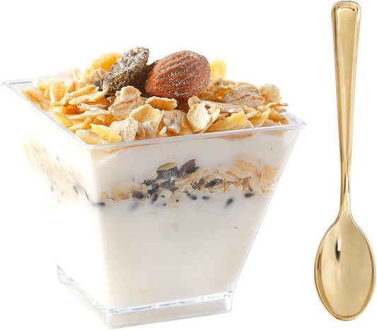supernal 100pcs Square Plastic Dessert Cups (4oz) with 100pcs Mini Gold Spoons, Plastic Parfait Appetizer Cup, Medium Clear Dessert Cups Perfect for Cakes, Ice Cream, Desserts Appetizers