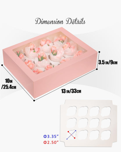 qiqee Auto-pop Up Cupcake Boxes with Window White 40PCS 12 Count Cupcake Box 13"x10"x3.5" Cupcakes Carrier, 12 Cupcake Containers with 2 rolls of pink ribbons