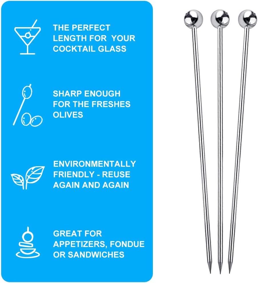 15PCS Cocktail Picks for Drinks, Stainless Steel Cocktail Toothpicks, Reusable Cocktail Skewers, Garnish Picks Bloody Mary Skewers, Metal Martini Picks for Olives Appetizers Fruit (4.3 Inch)