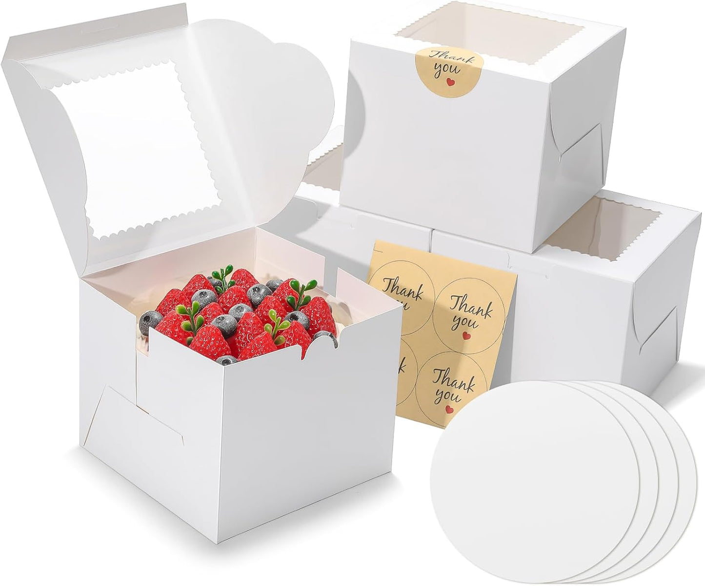 4pcs 6 Inch Cake Boxes with Sticks and Boards for Cookies, Small Cakes, Mini Desserts, Bento, and Bakery, Cupcake Box for Birthday, Party, Wedding, Mother's Day, Christmas（6x6x5 inch）