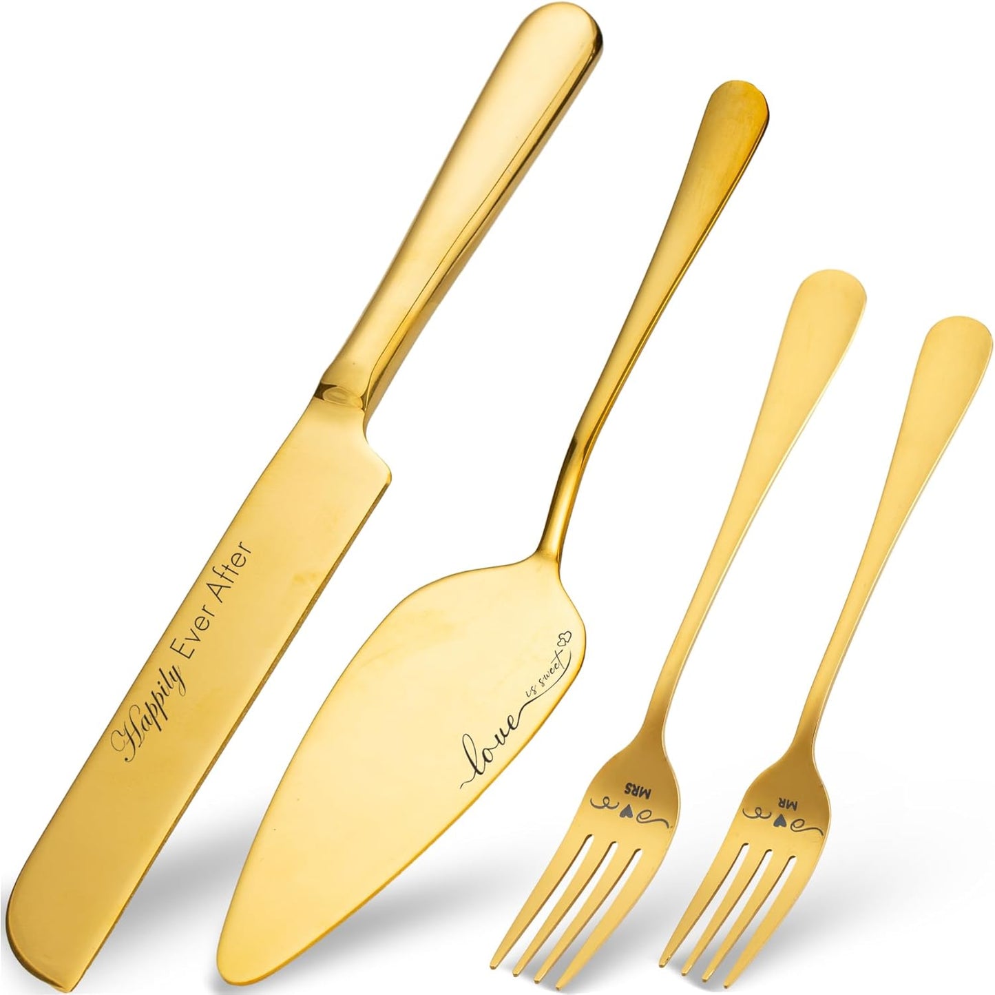 Wedding Cake Knife and Server Set with Forks, Engraved Cake Cutting Set for Wedding Anniversary Christmas Engagement（Gold