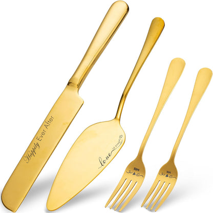 Wedding Cake Knife and Server Set with Forks, Engraved Cake Cutting Set for Wedding Anniversary Christmas Engagement（Gold