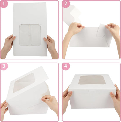 Moretoes 24pcs Cake Boxes, 10x10x5 Inches White Square Bakery Boxes with Window Cajas Pasteles for Cake, Mother's Day, Pastries, Chocolates, Cookies, Pie, Birthday Party, Wedding, Graduation