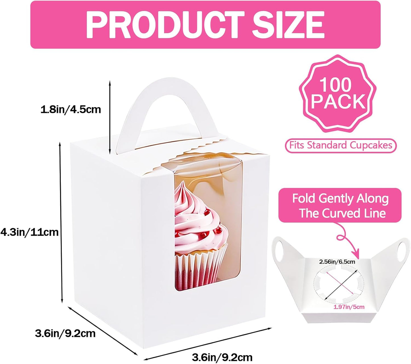 100 Pack Pink Cupcake Boxes Individual with Window, Inserts and Handle, Single Cupcake Containers for Cupcakes, Muffins, Donuts, Cookies, 3.6 x 3.6 x 4.3 Inch