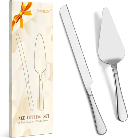 SANEXC Cake Cutting Set for Wedding - Extended Cake Knife And Server Set Thickened Stainless Steel Cake Cutter and Pie Spatula Great for Birthday Anniversary Christmas Gift Silver 2 Pcs
