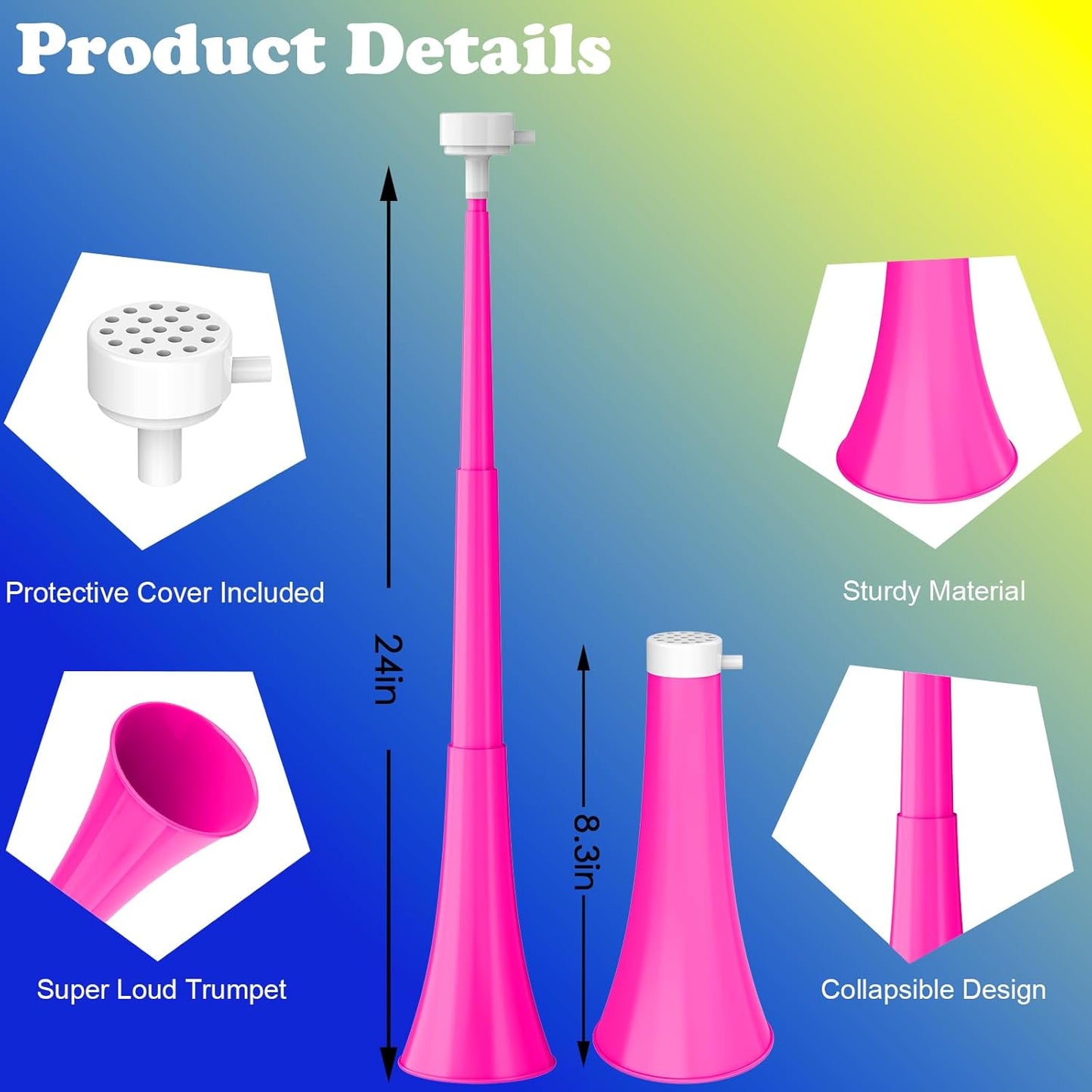 Collapsible Stadium Horn 24 Inch Vuvuzela Noise Makers Plastic Cheering Trumpet Blow Horns Noisemakers for Sporting Events Football Games School Sports Party Supplies Favors Accessories
