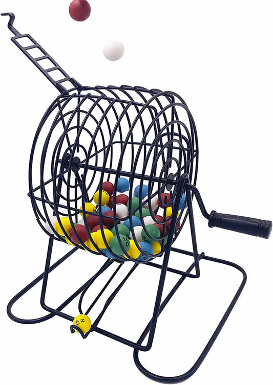 JUNWRROW Deluxe Bingo Game Set-6 Inch Metal Cage, Master Board,75 Colored Balls, 50 Bingo Cards,500 6 Color Mix Chips and 2 Bags,Ideal for Large Groups