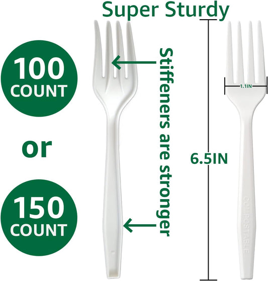 100%Compostable No Plastic Knives Disposable Forks Spoons Plastic Utensils, The Heavyweight Heavy Duty Flatware is Eco Friendly Products for Lounge Party Wedding BBQ Picnic Camping [150 Count]
