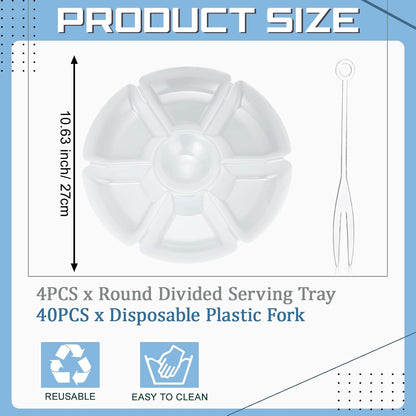 Zhehao 4 Pcs Sectional Heavyweight Plastic Divided Plates Serving Trays with 40 Disposable Forks 10.6" 7 Section Round Chip Dip Plate Snack Food Platter for Nut Candy Veggie Fruit (Blue)