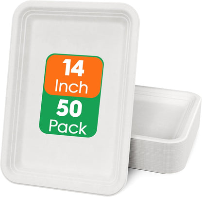 ECOLipak 100 Pack 14 Inch Disposable Food Crawfish Trays, Compostable Large Paper Plates, Disposable Thanksgiving Trays for Serving Food, Turkey, BBQ, Seafood Boil Party Supplies(White)
