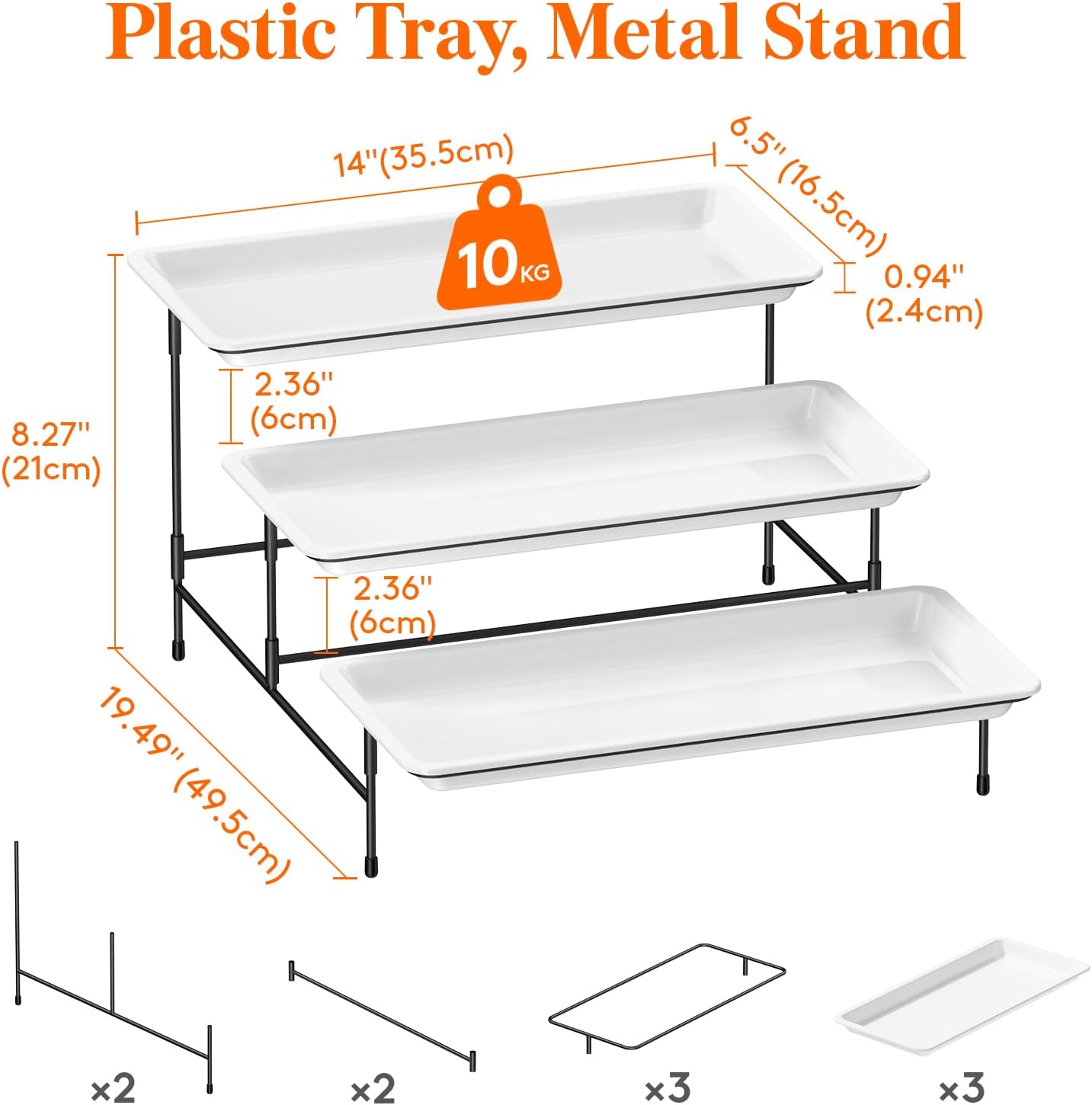 Lifewit 3 Tier Serving Tray, 30 x 17 cm/12 x 6.5" White Plastic Tiered Food Serving Platters, Tiered Tray Stand for Party with Black Collapsible Metal Stand, Dessert Display Stand for Cookies/Crackers