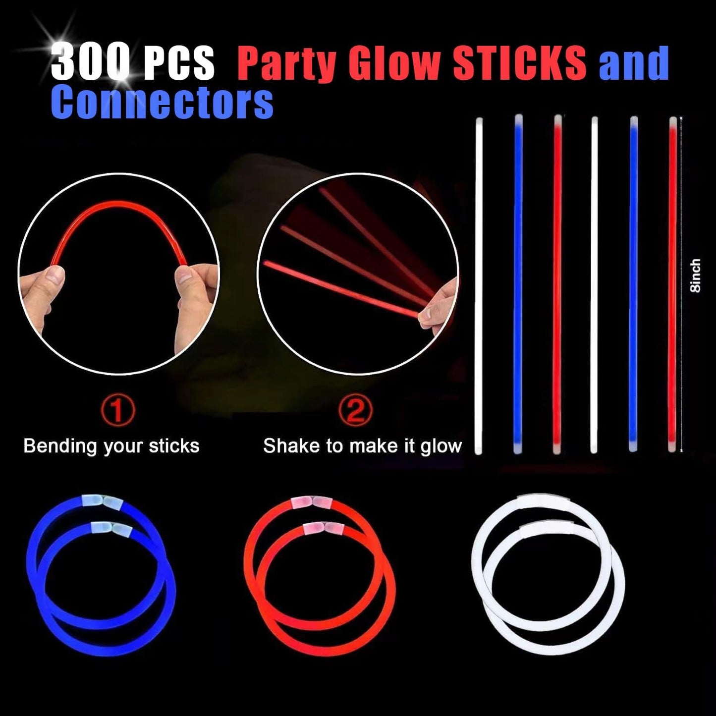 300 PCS Glow Sticks Bulk Glow Bracelet and Necklaces with 150PCS Connectors 8" Glowsticks Light Up Neon Party Favors for July 4th Halloween Wedding Birthday Hawii Carnival(RedBlueWhite)