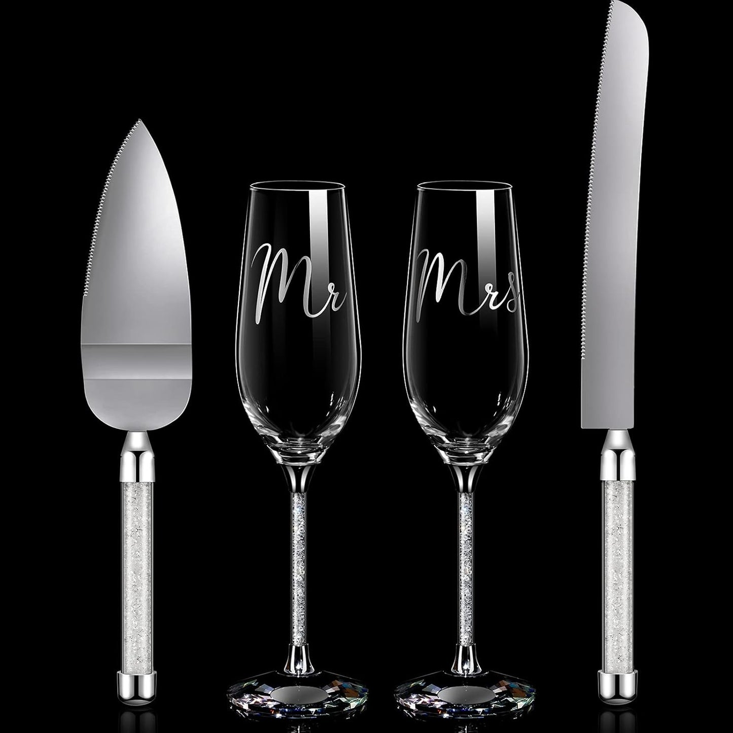 Boao 4 Piece Wedding Cake Knife and Champagne Flutes Server Set Mr and Mrs Toasting Flutes Crystal Rhinestone Cake Cutting Set for Bride and Groom Wedding Engagement Bridal Shower Gifts(Silver)