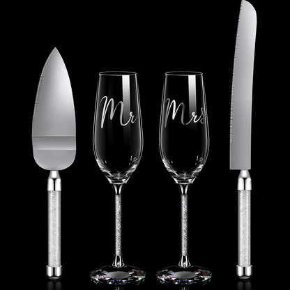 Boao 4 Piece Wedding Cake Knife and Champagne Flutes Server Set Mr and Mrs Toasting Flutes Crystal Rhinestone Cake Cutting Set for Bride and Groom Wedding Engagement Bridal Shower Gifts(Silver)