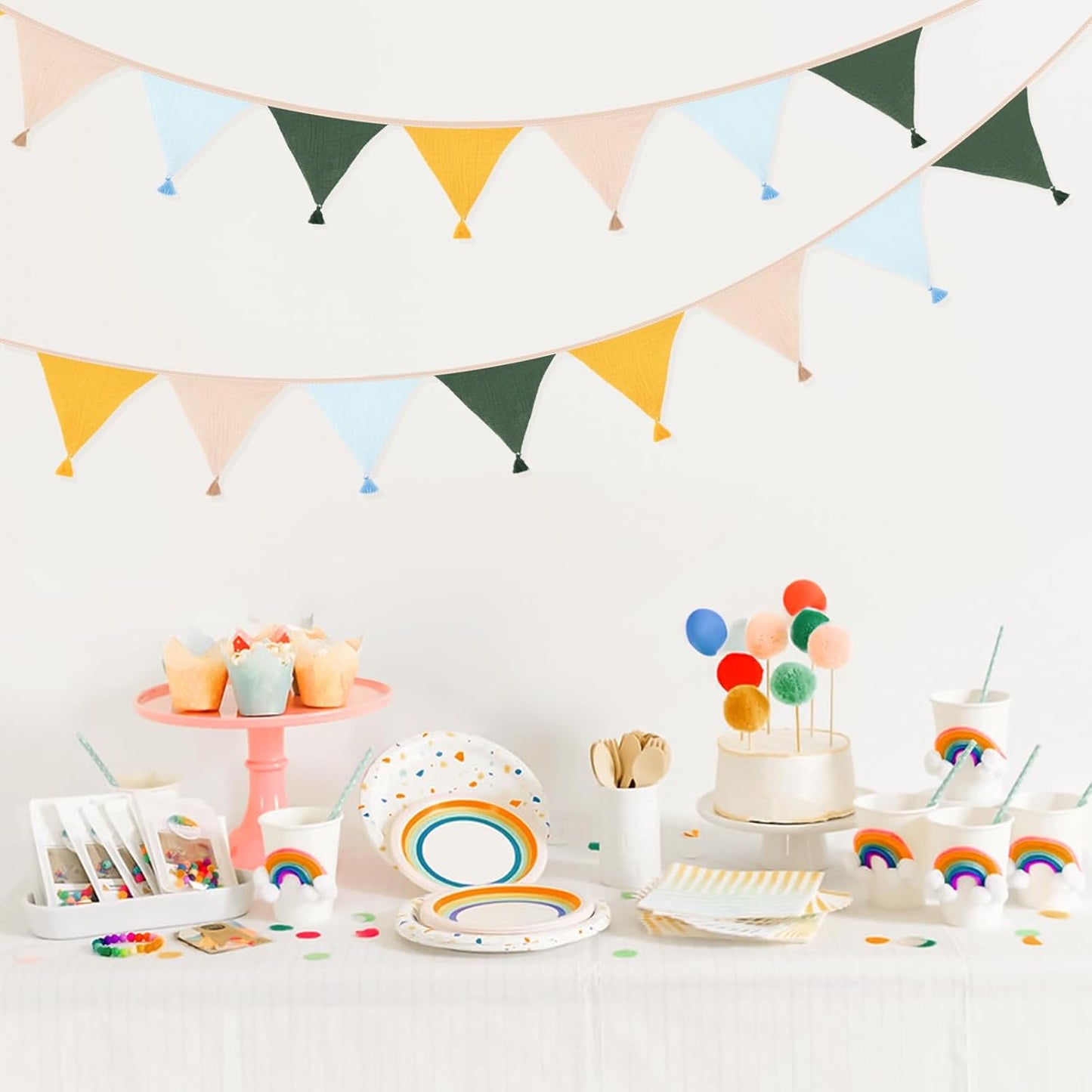 G2PLUS Cotton Fabric Bunting Banner, 9Ft Green Triangle Pennant Banner Flag, 12pcs Double-Sided Bunting Garland with Tassels for Birthday, Nursery, Baby Shower, Classroom Hanging Decor
