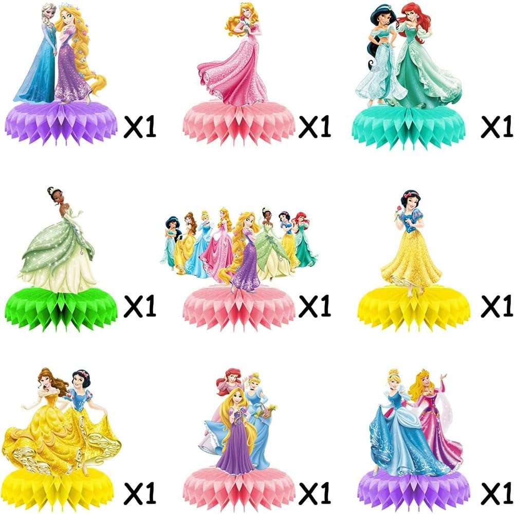 For Disne Princess Birthday Party Supplies, 9Pcs Honeycomb Centerpieces for Princess Party Decorations, Double Sided Table Decorations Centerpieces Party