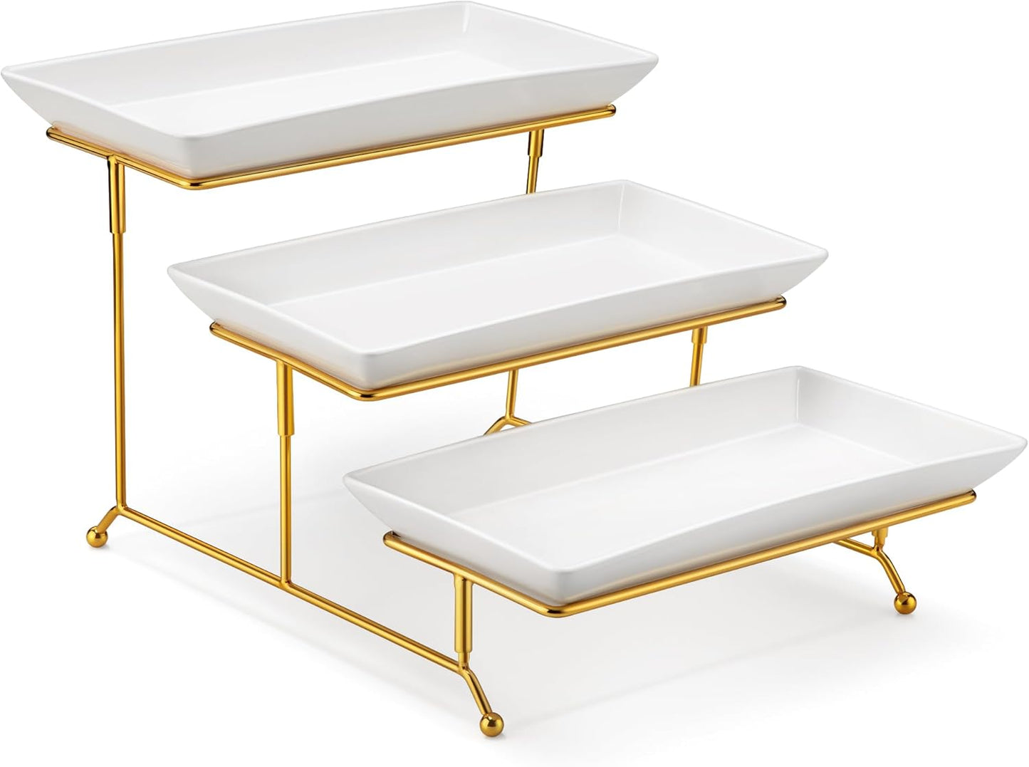 MALACASA 3 Tier Serving Trays for Party, Porcelain Serving Platters and Trays, 12 Inch Tiered Tray Stand, Fruit Tray, Trays for Serving Food, White Dessert Stand with Collapsible Sturdier Metal Rack