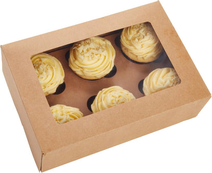 Juvale Cupcake Boxes - 6 x 6 in, 24 Count, Brown - 4-Cup Insert & Clear Window Cupcake Containers & Muffin Boxes