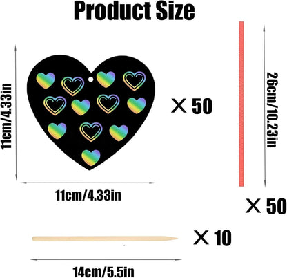 Naturahand 50 Rainbow Scratch Paper with 10 Wooden Scratch Sticks and 50 Red String, Heart Shaped Scratch Off Cards for Mother's Day Valentine DIY Decorations and Art Party Favors(H-1)