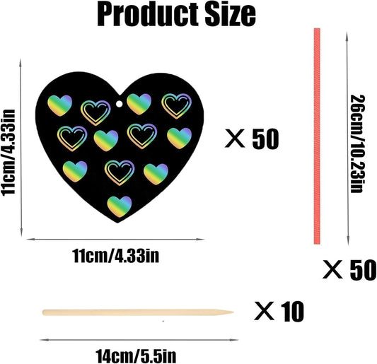 Naturahand 50 Rainbow Scratch Paper with 10 Wooden Scratch Sticks and 50 Red String, Heart Shaped Scratch Off Cards for Mother's Day Valentine DIY Decorations and Art Party Favors(H-1)