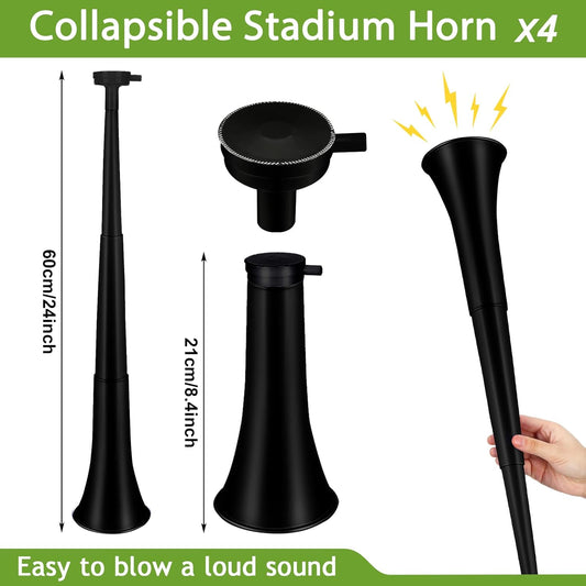 Outus 4 Pieces Collapsible Stadium Horn 24 Inch Vuvuzela Plastic Trumpet Horn Blow Noisemakers for Sporting Events Graduation Games Sports Party Supplies Favors Accessories(Black)