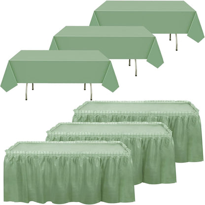 Oudain 6 Pcs Plastic Table Skirts and Stainproof Table Cloths 54 x 108 in Plastic Ruffle Tablecloth 168 x 29 Inches Disposable for Wedding Baby Shower Valentine Spring Easter Party(White)