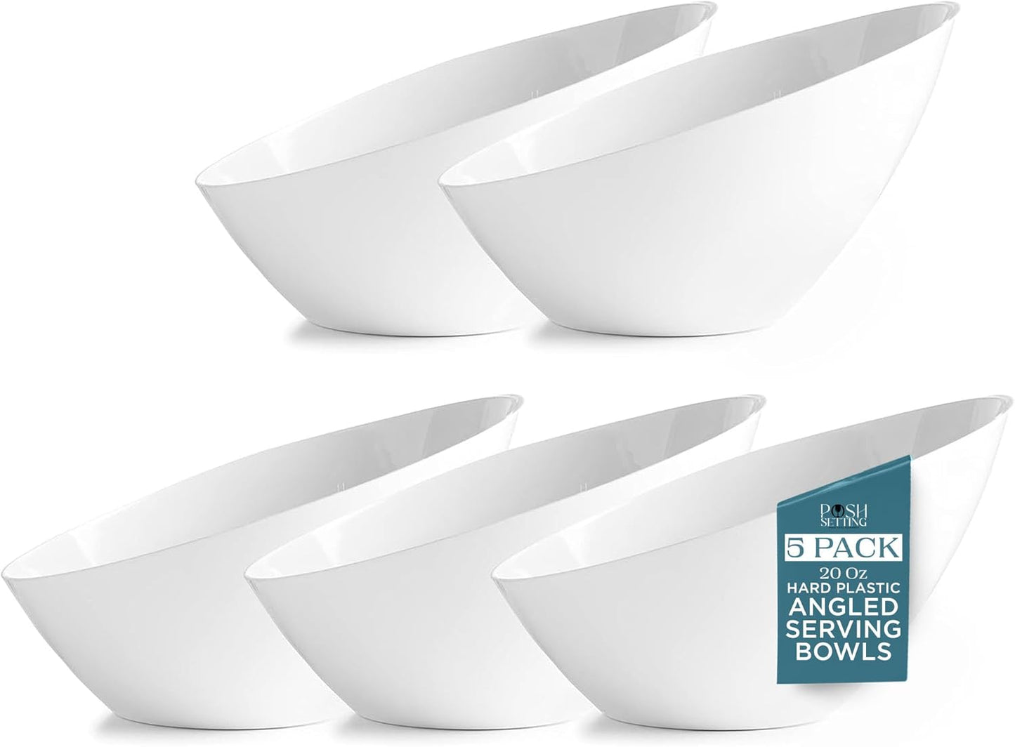 Posh Setting Crystal Clear, Disposable Premium Hard Plastic Medium Angled Bowl, Party, Salad, Snack and Fruit Bowl 5 Pack