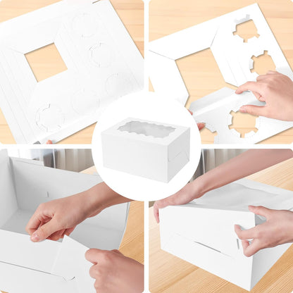 10 Packs Bento Cake and Cupcake Box 3 Holes Fit 2 Cupcakes and 1 Mini Cake Box with Clear Window and Stickers for Cake Cupcake Cookie or Easter and Mother’Day. (1+2/10pcs)