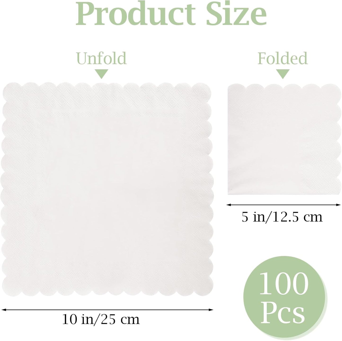 100 Pcs Cocktail Napkins, 2-Ply 5 x 5 Inches Disposable Scalloped Napkins, Thick Premium Dessert Napkins for Party, Wedding, Dinner, Birthday, Anniversary, Festival (Sage Green)