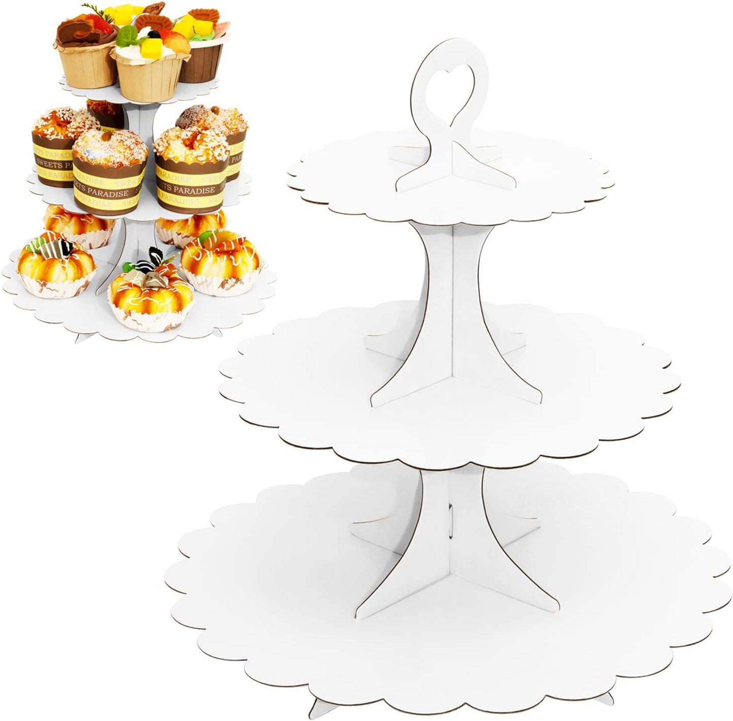 White Cupcake Stand Tower, 3-Tier Cardboard Dessert Display with Heart Handle,Perfect for Birthday Baby Shower Wedding Tea Party Graduation, Easy 60-Second Assembly, Holds 12+Cupcakes (1-Pack)